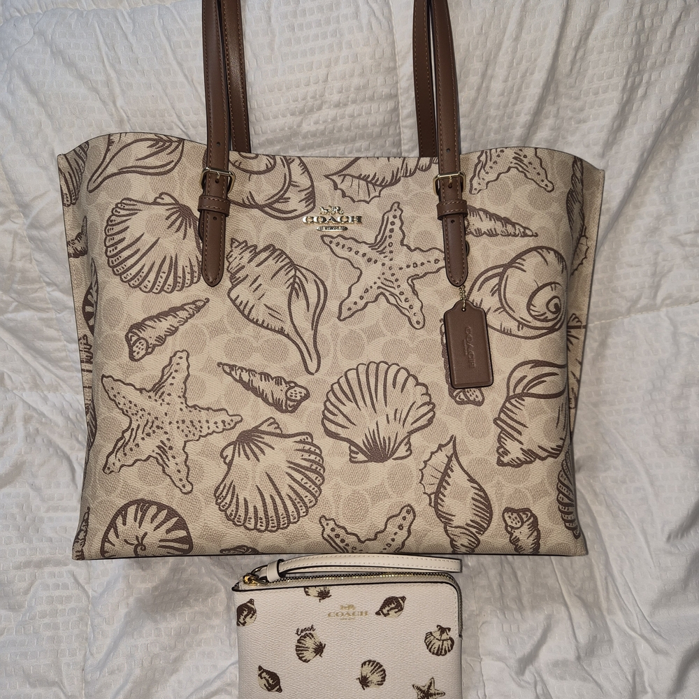 Coach Beige and Brown Seashell Print Tote Bag